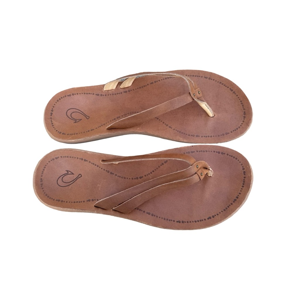 OluKai Kapehe Luana Women 9 Leather Flip Flop Sandals Fox Tan 20468-FMFM - Picture 2 of 7